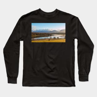 Beautiful norwegian scenery. Mountains in background. Horses are on the farm near river Long Sleeve T-Shirt